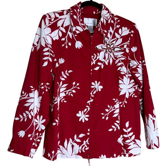 Susan Graver Full Zip Jacket Blazer Womens XS Red Floral Long Sleeve Embellished - Picture 1 of 15